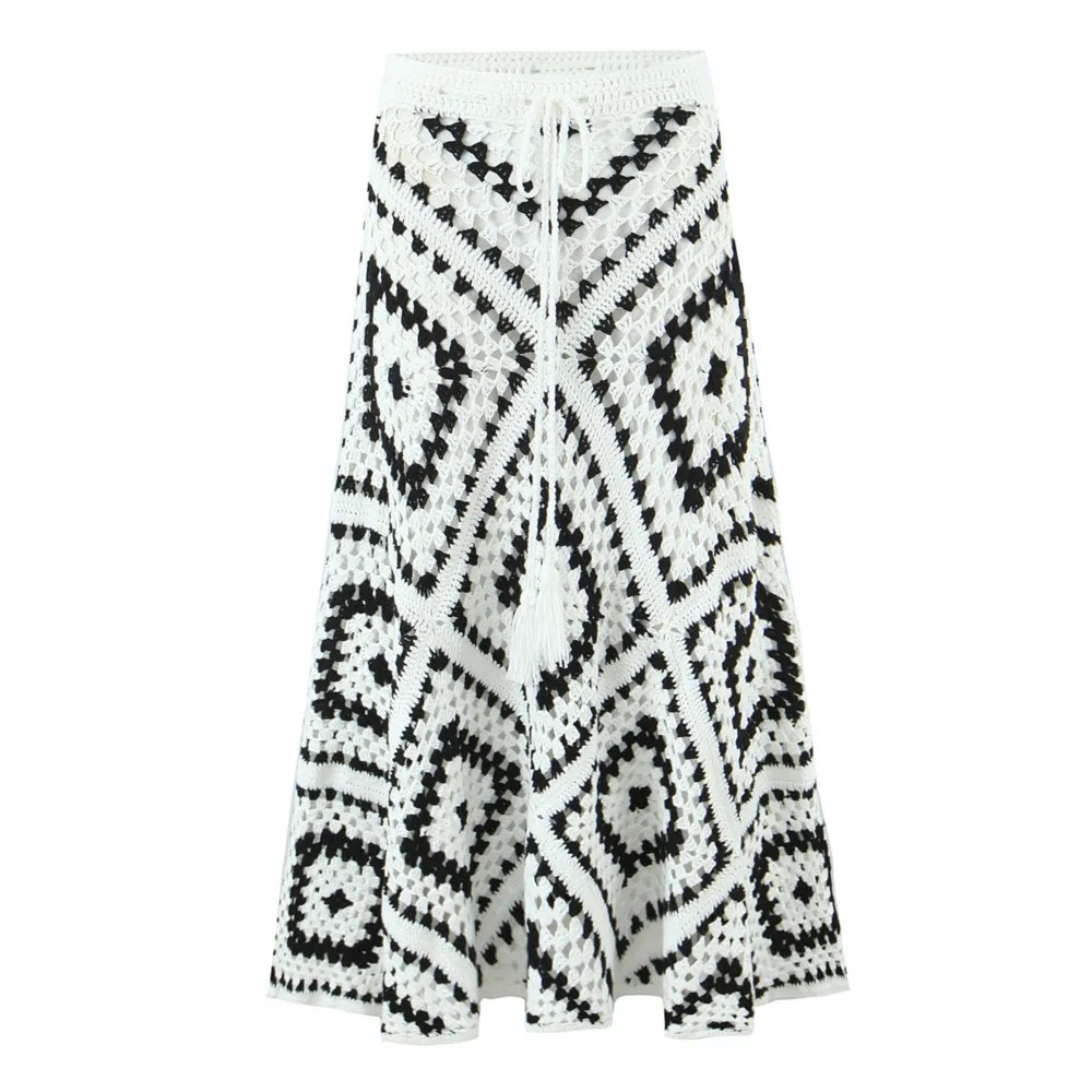 2025 BOHO White With Black Plaid Hand made Hollow Out Hole Crochet Long Skirt Bow Lacing Up Bandage Waist Swing Irregular Skater