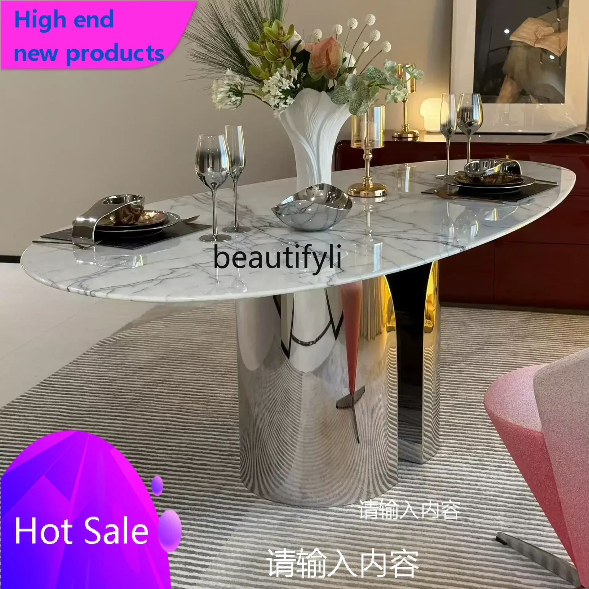 

C456 Обеденный стол из натурального мрамора, итальянский светлый роскошный импортный высококачественный овальный роскошный каменный обеденный стол