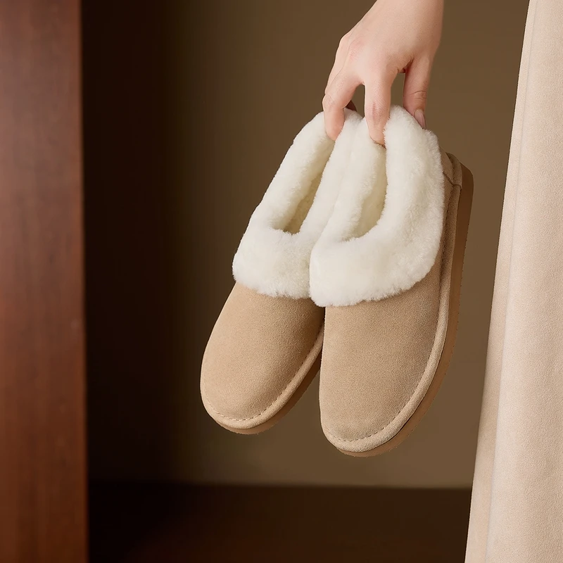New Trend 2027 Winter Natural Cow Suede 100% Wool Fashion Women Snow Boots Ladies Apricot Brown Chocolate Round Toe Flat Shoes