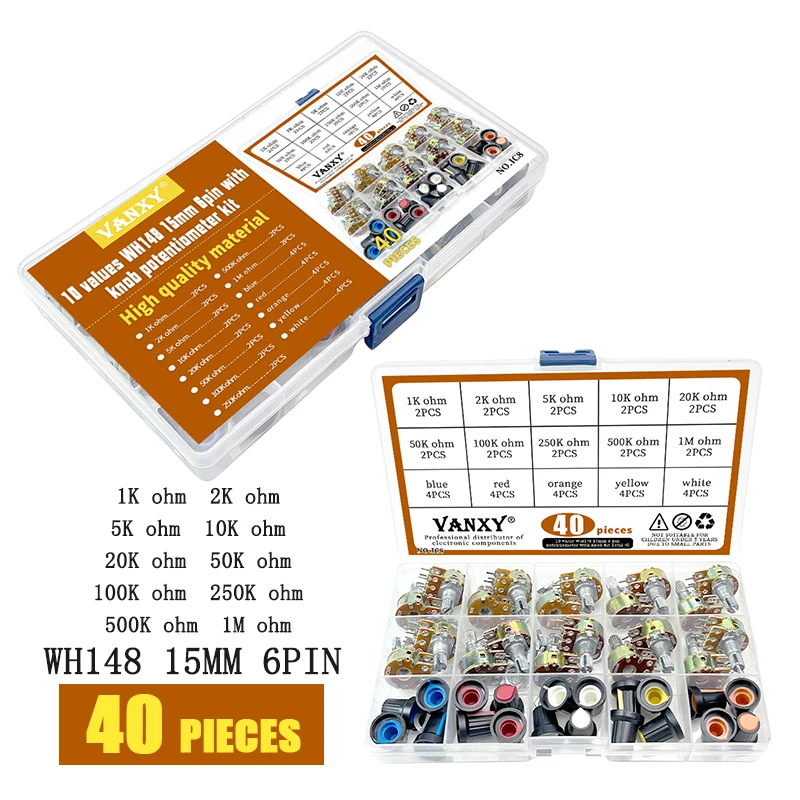 10 values kit WH148 B1K B2K B5K B10K B20K B50K B100K B250K B500K B1M ohm 6pin 15mm 1K 5K 10K 20K 50K 100K 500K 1M potentiometer