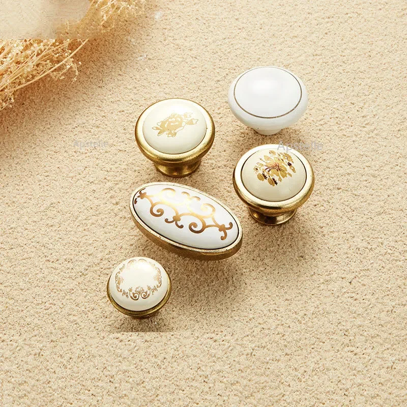 Handle Furniture  WHite Ceramics Golden Flower  Kitchen  Door Pulls Drawer Drawer Fashion Handles Wardrobe Knobs Cabinet Pulls