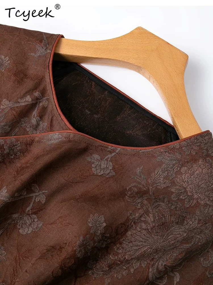 Tcyeek 100% Real Silk Womens Tops 2026 Spring Chinese-style Skin-friendly Coffee-colored Loose Shirt Woman Clothes Chemise Femme