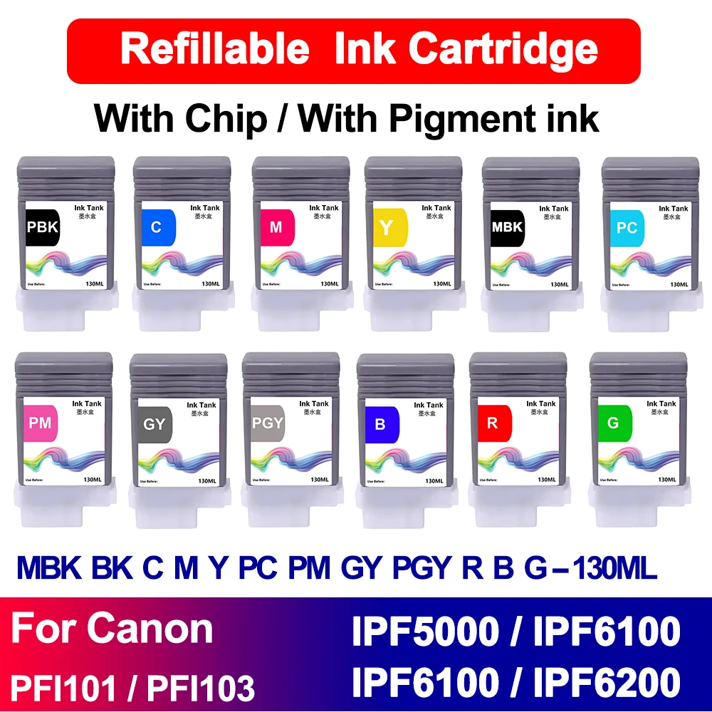 130ML Pfi 101 PFfi103 Compatible Ink Cartridge With Pigment Ink with Chip For Canon IPF5000 IPF5100 IPF6100 IPF6000 IPF6200