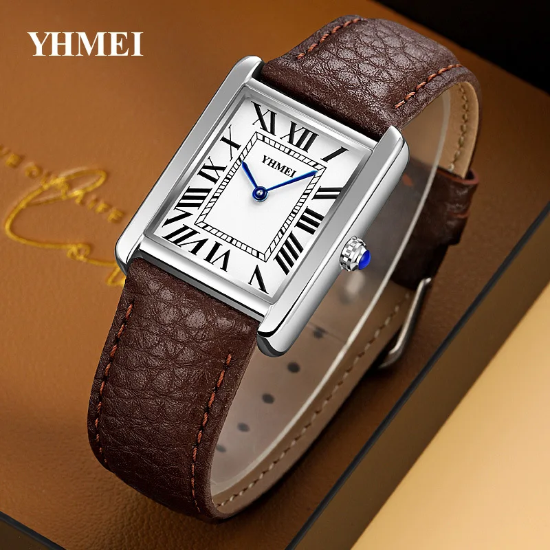 YHMEI Women Quartz Watch Rectangle Square Dial Watches Ladies Luxury Roman Numerals Numbers Wristwatch Classic Style White Clock