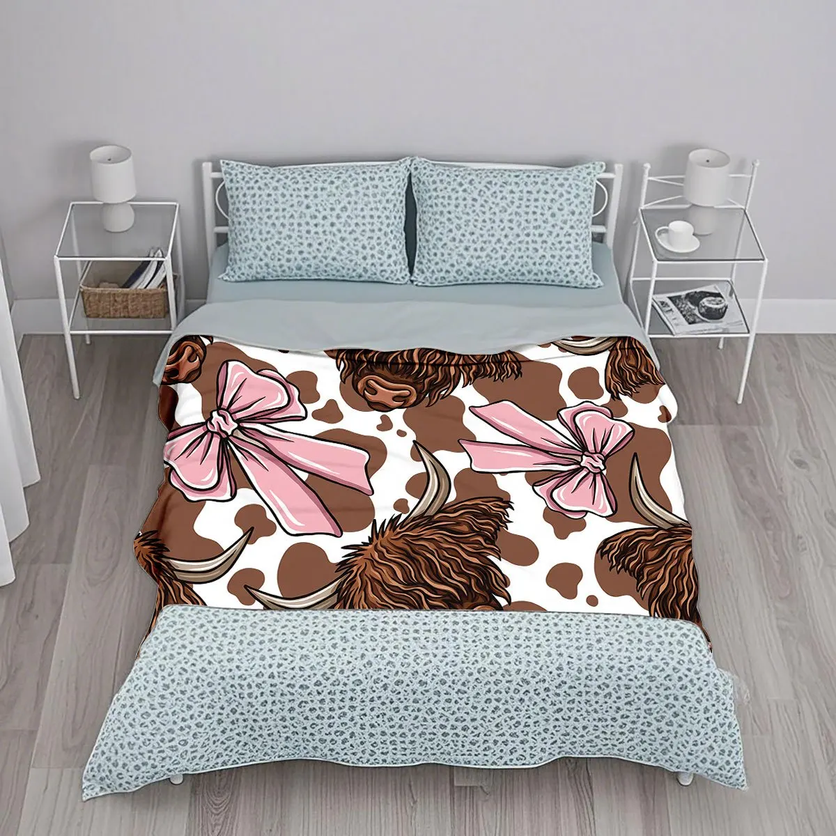 Pink Bow Highland Cow Milk Cow Print Flannel Home Throw Blanket