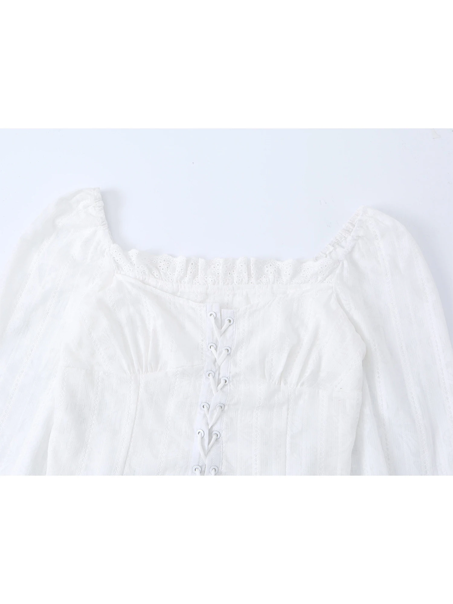 Women's White Blouses and Shirts Lace Patchwork Blouse Lace-Up Square Neck Long Sleeve Luxury Cropped Shirt Summer Spring 2026