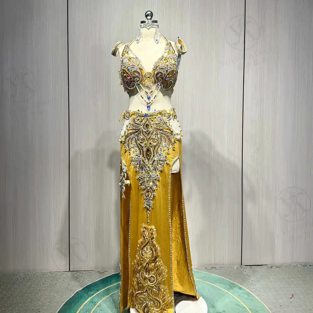 Elegant Rhinestone Belly Dance Outfit for Women, Gold Bra Top & Split Skirt for Professional Dance Competition