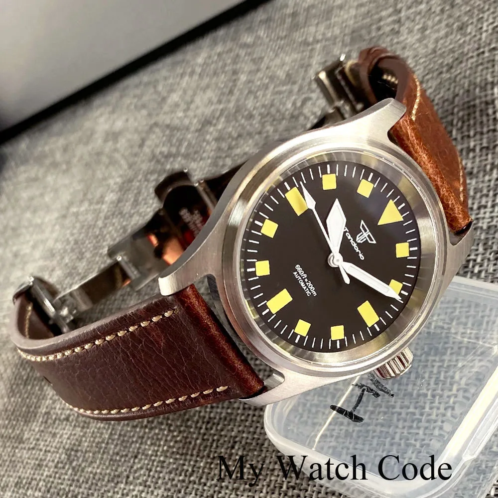 20bar Waterproof Men Lady Pilot Watch 36mm Vintage Yellow Numbers Mechanical Wristwatch NH35 Tandorio Brand Folding Clasp Lume