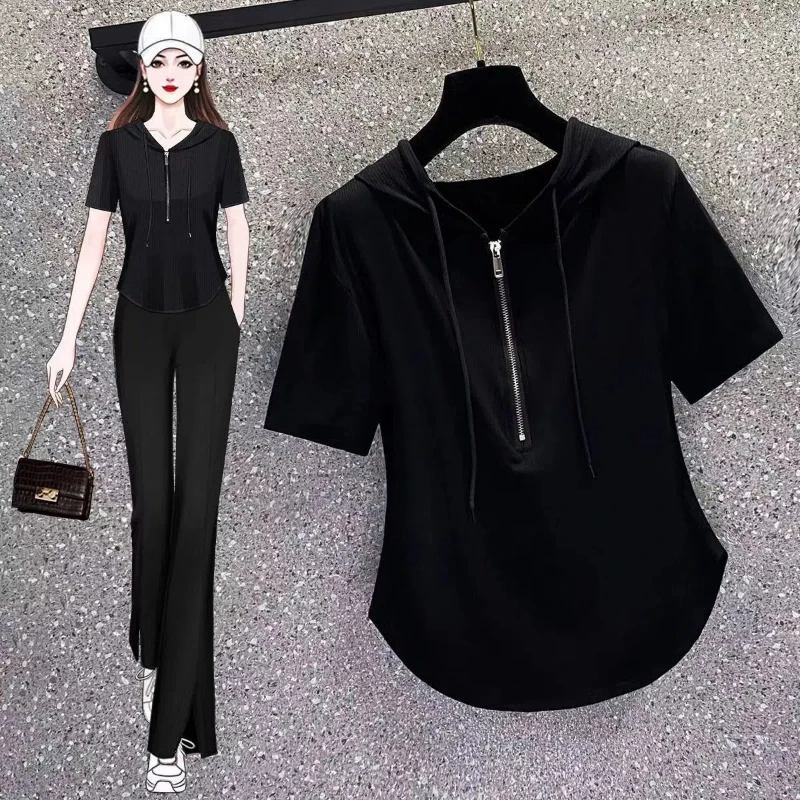 Summer Hooded Slim Short SleeveT-shirt Pullover New Solid Color Irregular Casual Commuting Short Sleeve Top Women Clothing