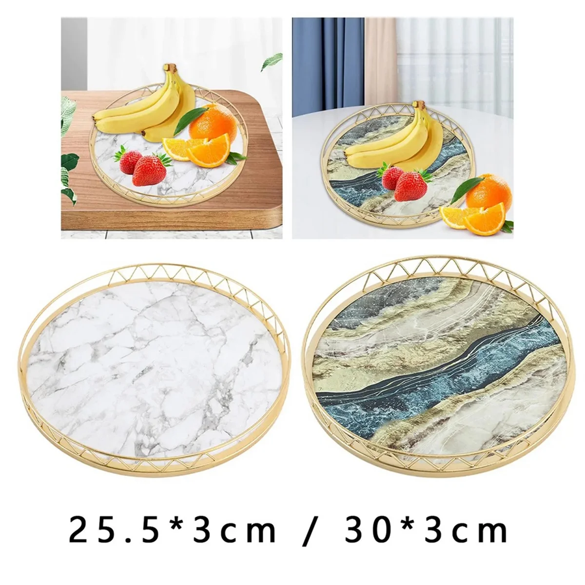 Round Household Simple Snack Dried Fruit Plate Small Dry Tea Table Tabletop Storage Light Luxury Marble Pattern Tray,B,L