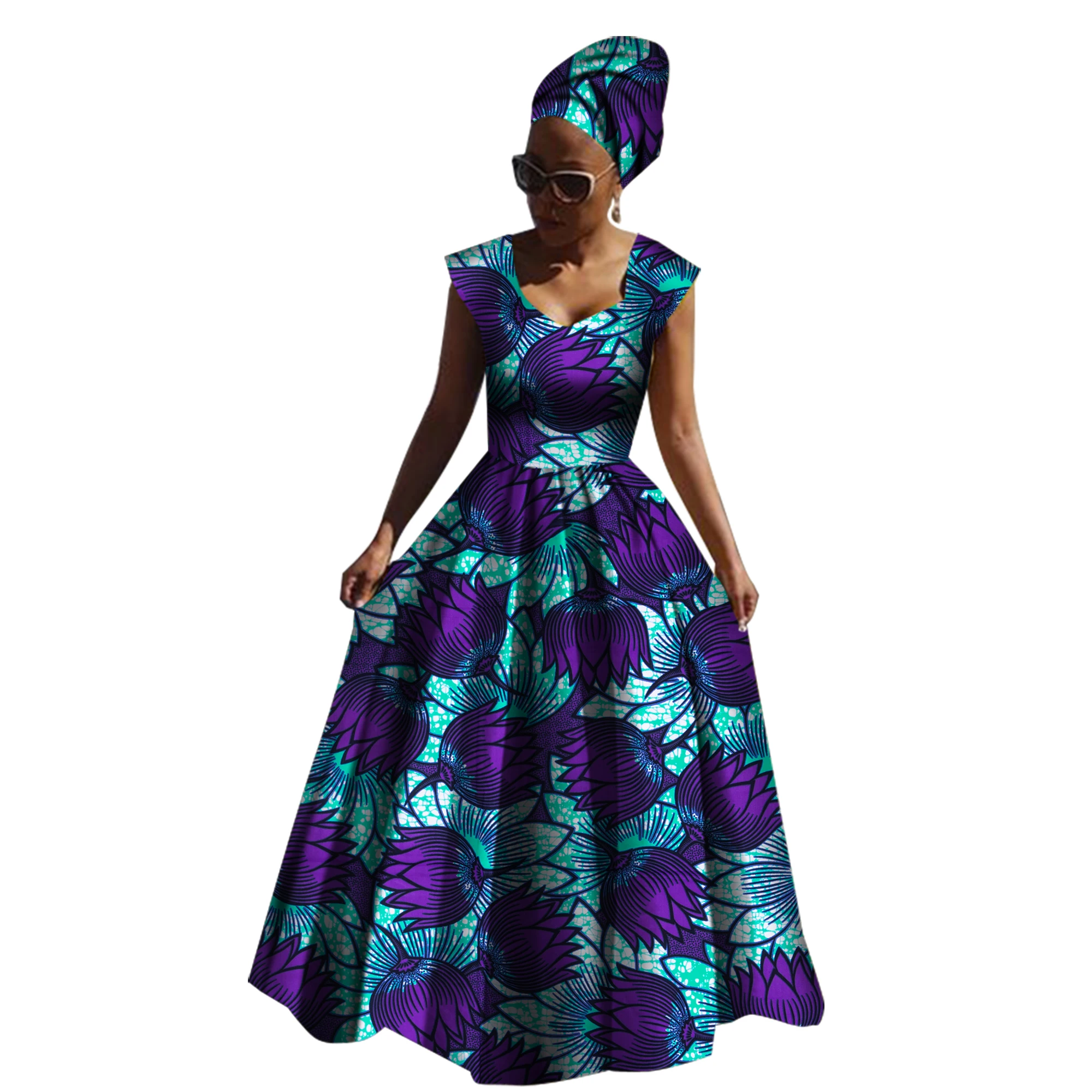 ORIENTAR African Dresses for Women Sleeveless High Waist Long Maxi Dress with Headscarf for Party Evening Occasions WY2843