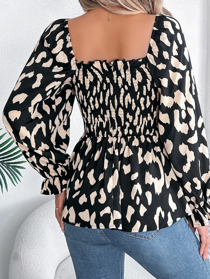 Casual Square Neck Leopard Print Long Sleeved Chiffon Shirt for Women women\'s blouses trend 2025