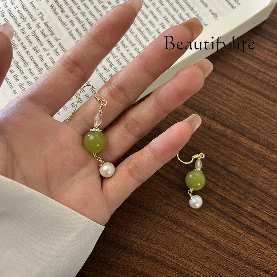 Sweet New Chinese Style Xiuyan Jade Fresh Water Pearl Earrings Artistic Style Ear Hook