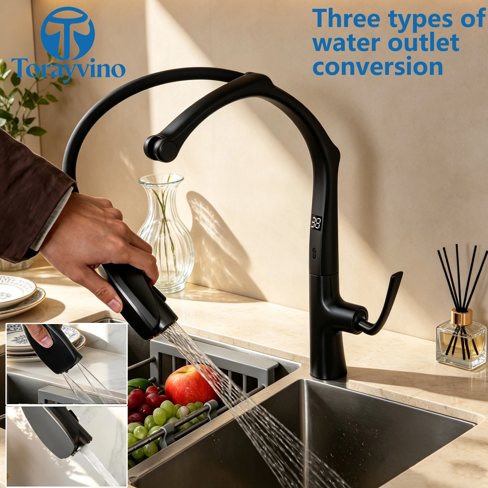 Torayvino Pull Down Kitchen Faucet with Digital Display 360° Rotating Folding Arm 3-Function Sprayer Single Hole Sink Mixer Tap