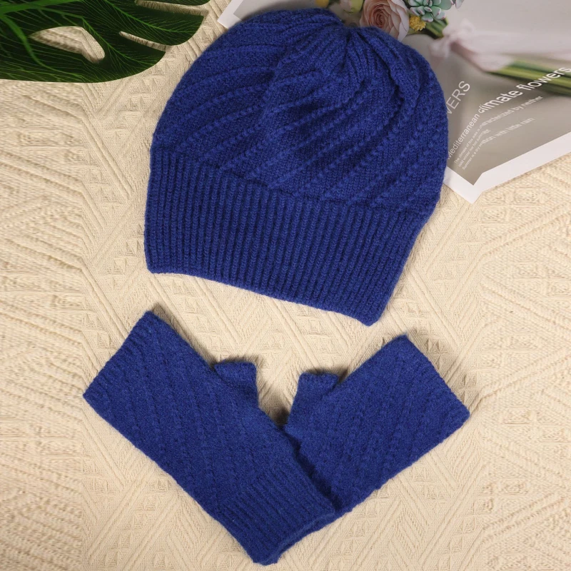 Winter Knitted Hat Gloves Two Piece Solid Color Woolen Soft Thickened Warm Unisex Gloves Hat Suit for Outdoor Travel Sport Ski