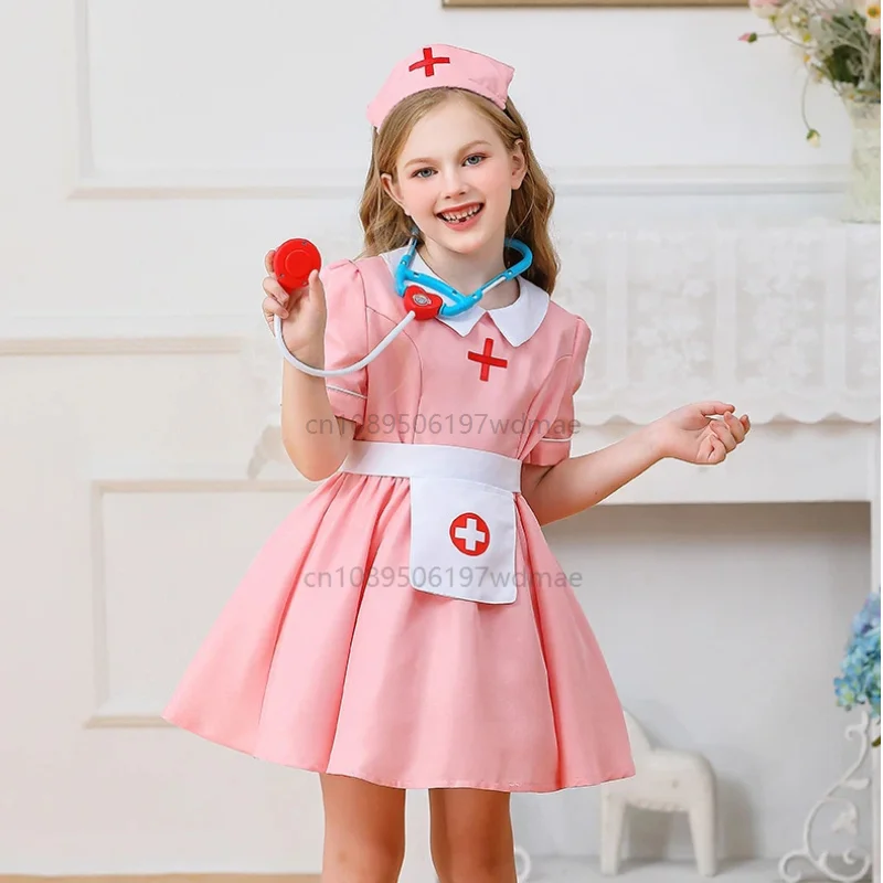 

Girls Pink Nurse Doctor Costumes Cosplay With Appron For Children Holiady Game Party Stage Role Cosplay