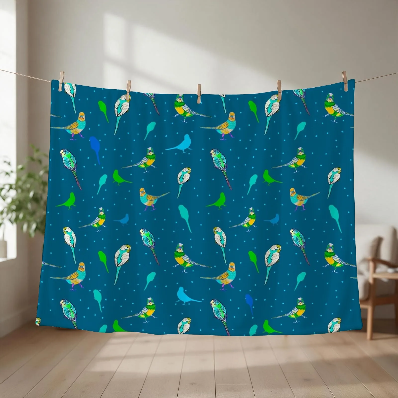 Multicoloured budgies on blue Throw Blanket couch cozy soft plush fuzzy picnic outdoor blanket