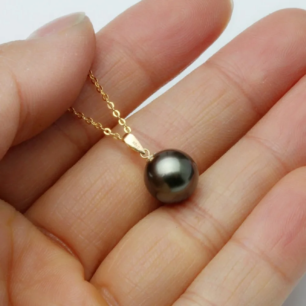 

Elegant pendant AAAA9-10mm 10-11mm natural Tahitian round pearl pendant 18K/AU750 gold, 18 inch