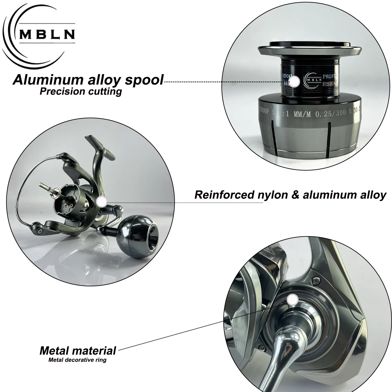 1 STÜCK MBLN Metall-Langguss-Spinnrolle, Vollmetallgehäuse, Aluminiumspule, symmetrischer Metallrotor, Metallgriffknopf – Detail 8