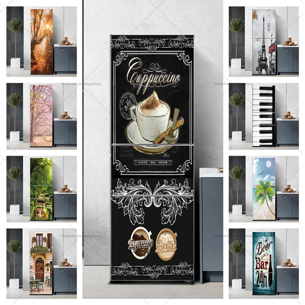 

Artistic Retro 3D Refrigerator Full Door Mural PVC Waterproof Self-adhesive Paper Kitchen Refrigerator Decorative Poster