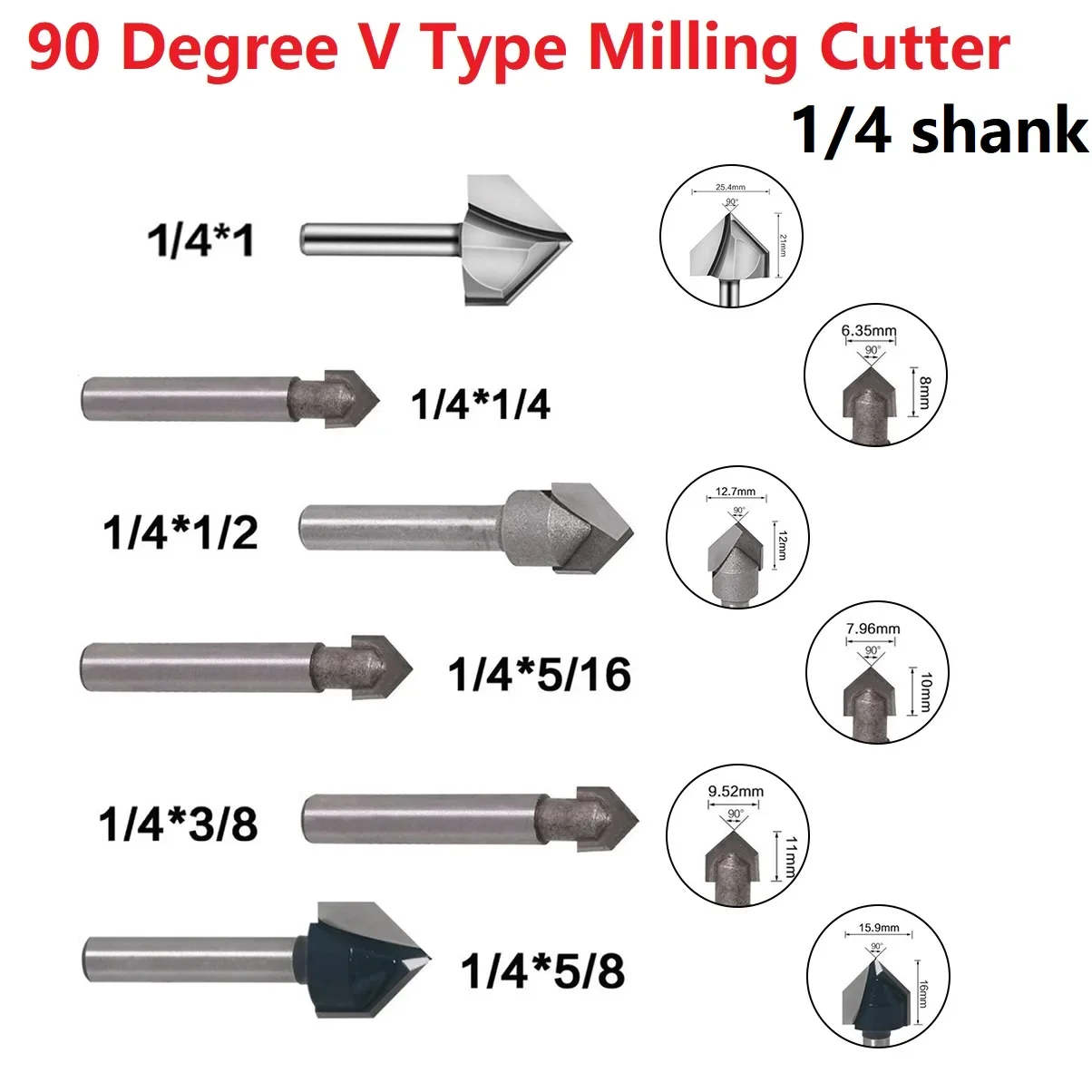 1 pz 1/4 "5/16" 5/8 "3/8" 5/8 "1/2" 1 "Shank 90 gradi V Groove Router Bit Set acciaio temprato CNC incisione punte fresa
