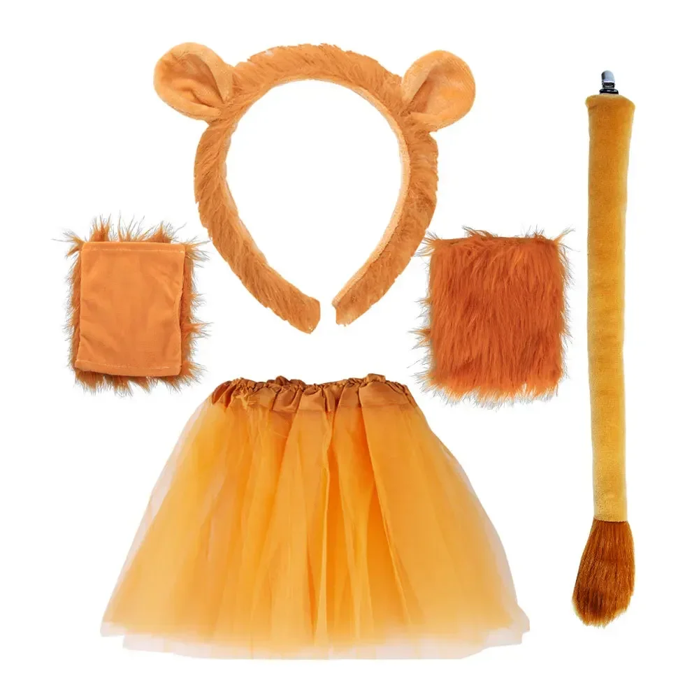 

Girls Kids Animals Theme Beast Lion Costume Tulle Skirt Ears Headband Bow Tie Tail for Halloween Dress Up Cosplay Christmas