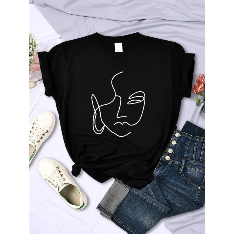 Abstract Simple Stroke Face Prints Women's T-shirt Hip Hop Breathable Short Sleeve Soft Street Casual Top Women's T-shirt