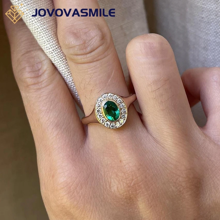 

JOVOVASMILE 0.8 Carat 6*5mm Oval Cut Lab Grown Emerald Ring With Moissanite Side Stone 14K Yellow Gold For Woman Wedding Jewelry