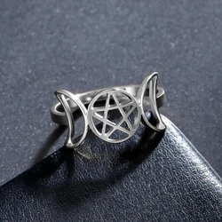 LIKGREAT Triple Moon Pentagram Ring for Women Stainless Steel Finger Ring New In Supernatural Pentacle Wicca Amulet Jewelry Gift