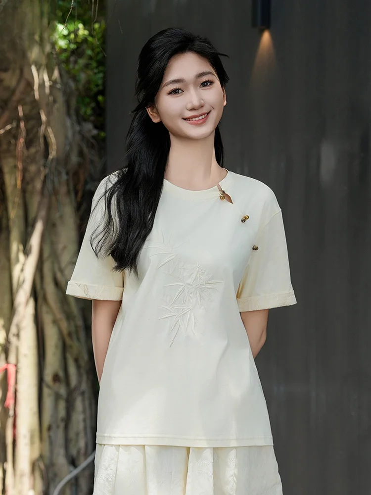 

Женская хлопковая футболка с круглым вырезом, новый китайский дизайн, модная, универсальная, простая, художественная, летняя одежда