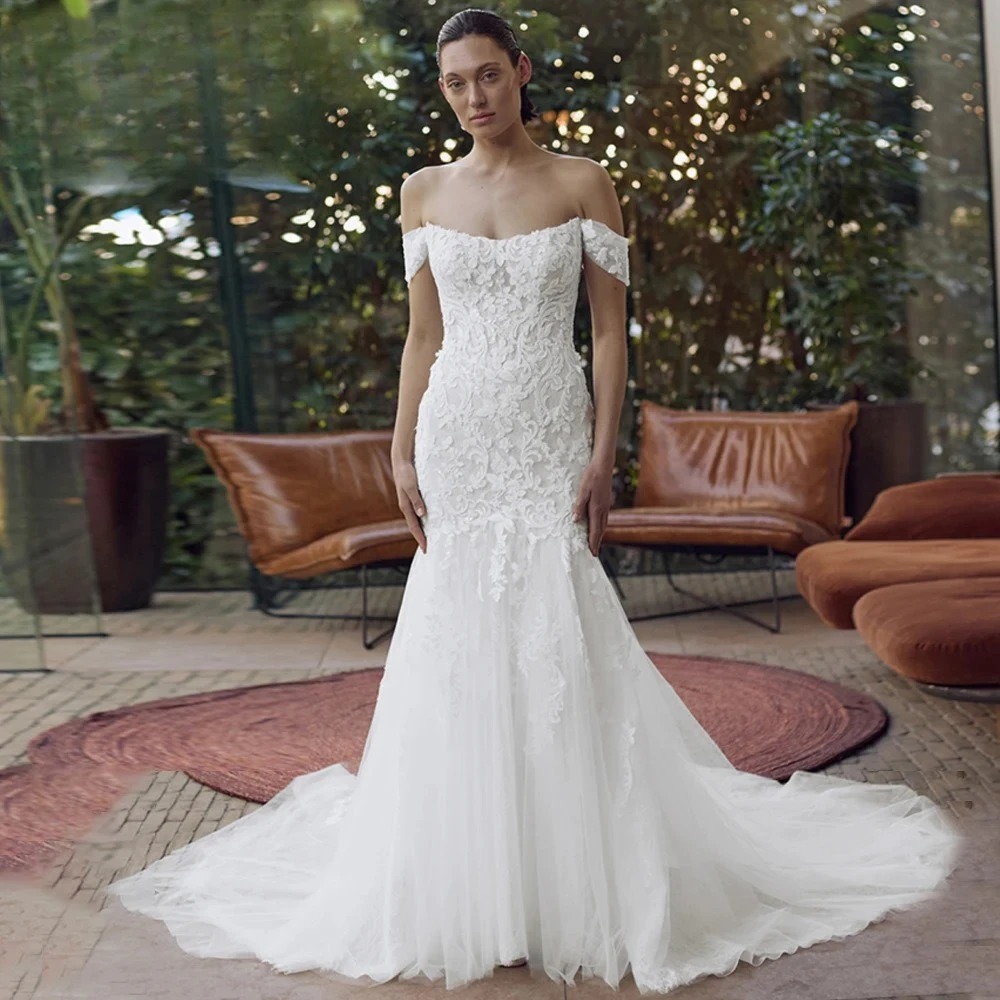 Strapless Wedding Dress for Women Off The Shoulder Lace Appliques Zipper Brush Train Vestidos Customised