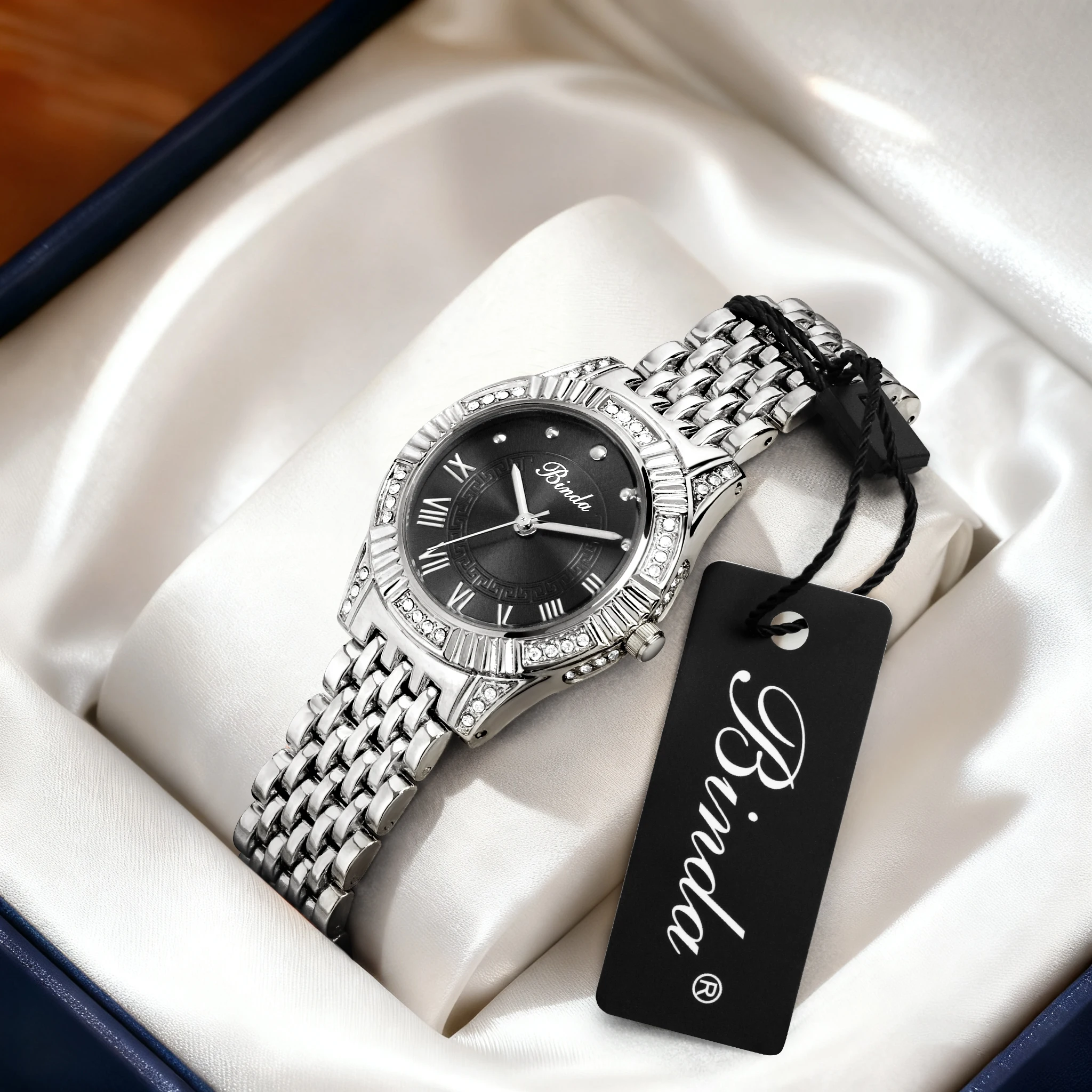 Binda Women's Fully Iced-Out Quartz Watch, Elegant Round Dial, High-Quality Rhinestones, Multi-Color Options, With Gift Box