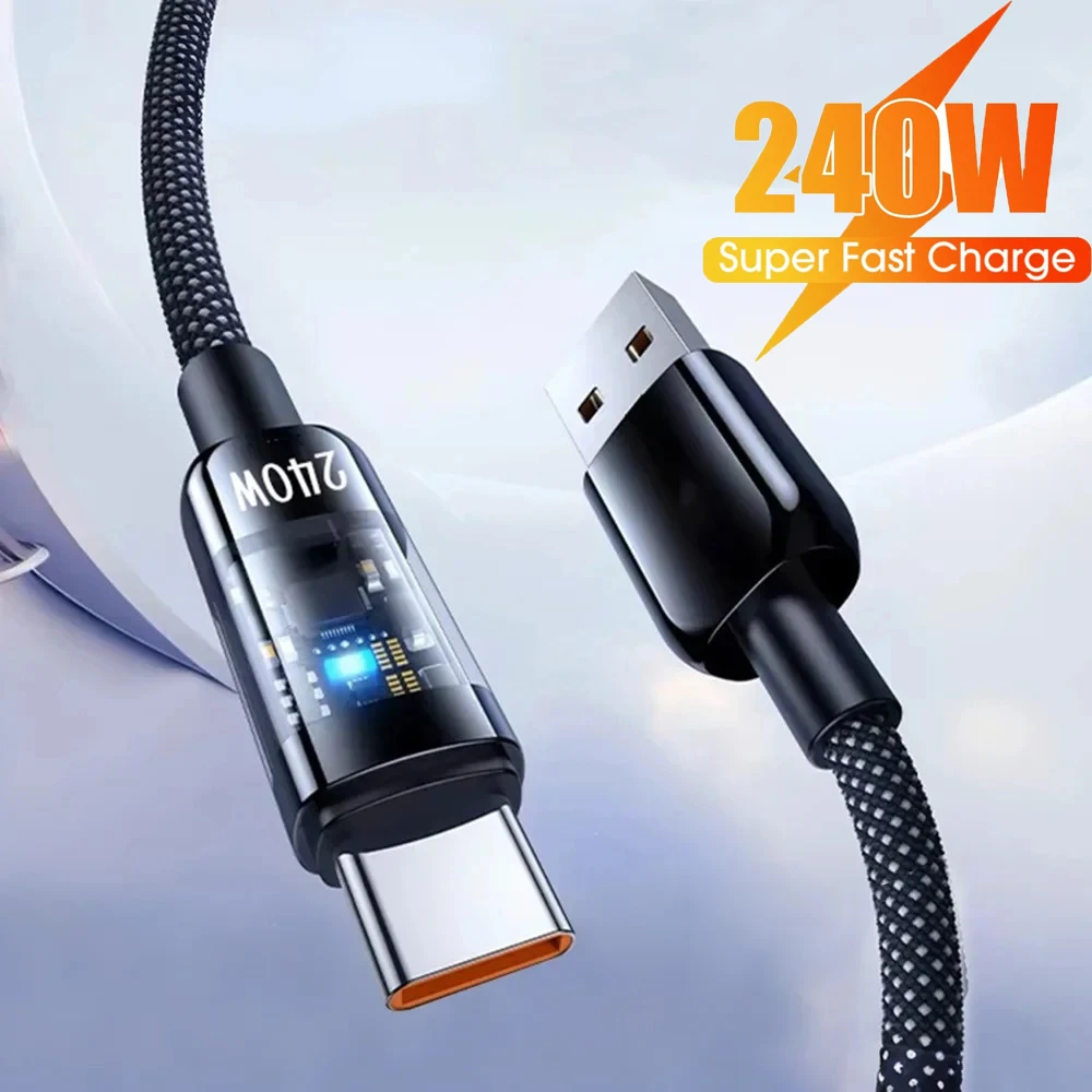 240W USB to Type C Cable Super Fast Charging Nylon Braided Data Cord With Indicator Light For Samsung Xiaomi Huawei Charger Wire