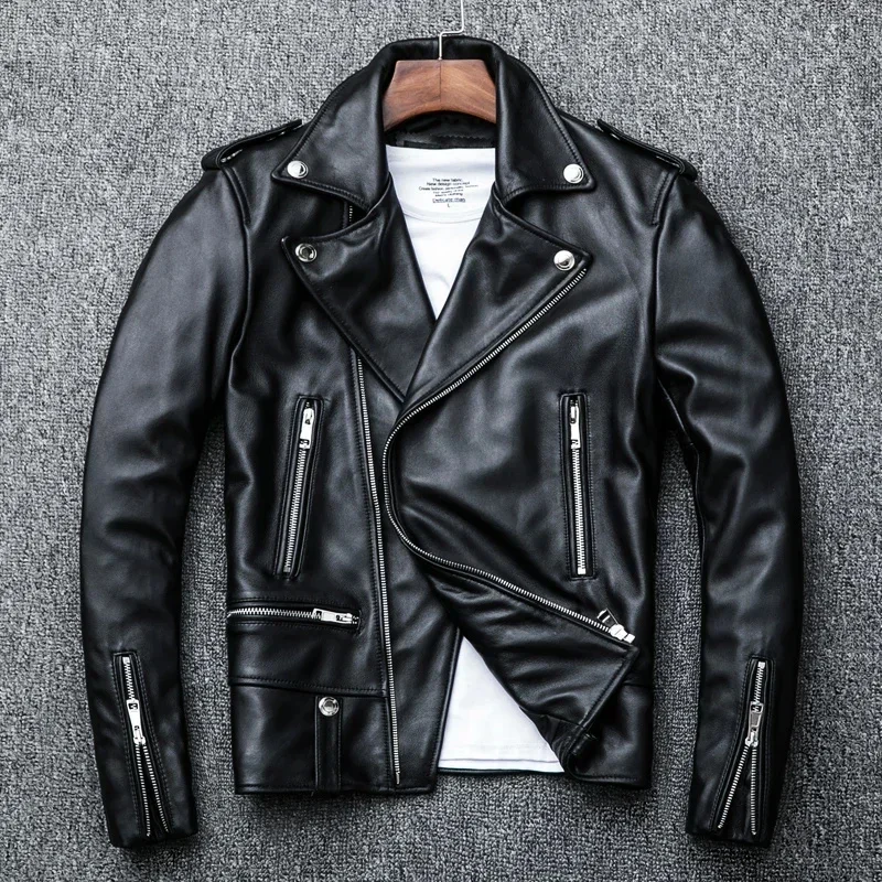 Spring and Autumn Natural Sheepskin Leather Jacket Black Soft Men's Motocycle Jackets Motor Clothing Biker Slim Short Coat