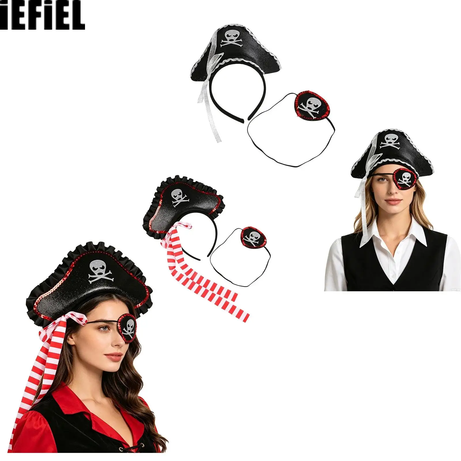 Women Men Pirate Costume Accessories Ribbon Skull Print Headwear with One-eyed Eye Patch for Halloween Party Performance