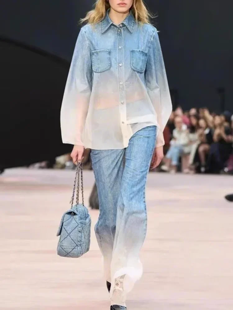 

New Fashion Gradient Print Shirt Flared Sleeve Chiffon Top + High Waisted Flared Pants Two Piece Set Women's Outfits