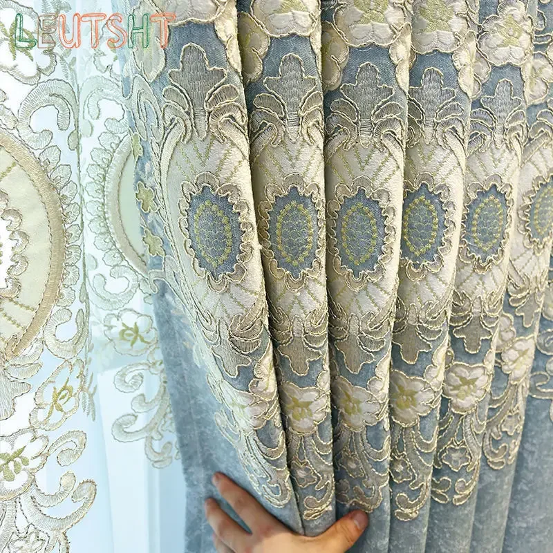 2024 New European Style Simple Gold Thread Embroidered Curtains for Living Room Bedroom Study Blackout Curtain Customization