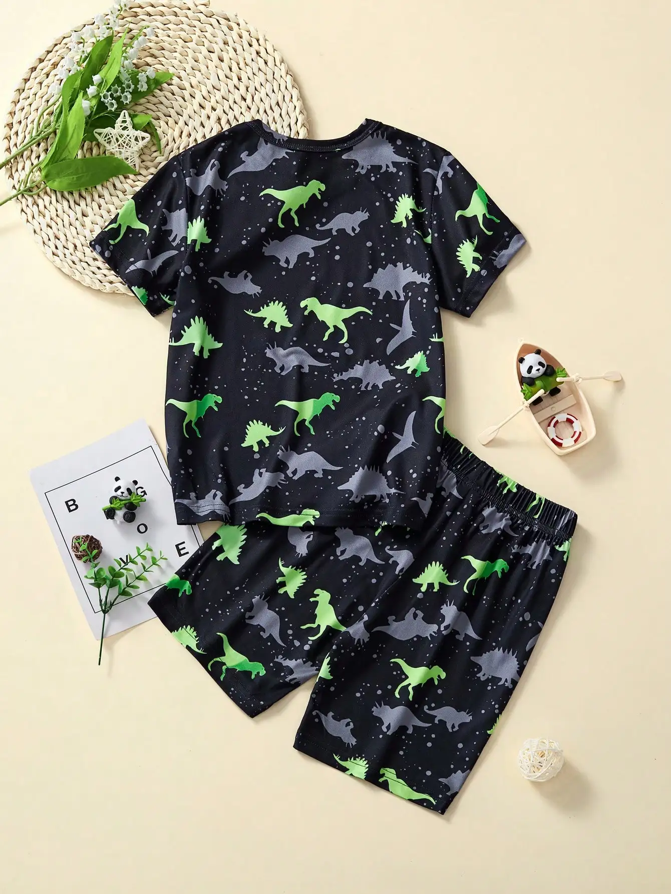 Young Boy Casual Summer Outfit, Cartoon Dinosaur Printed Fluorescent Short Sleeve T-Shirt And Shorts