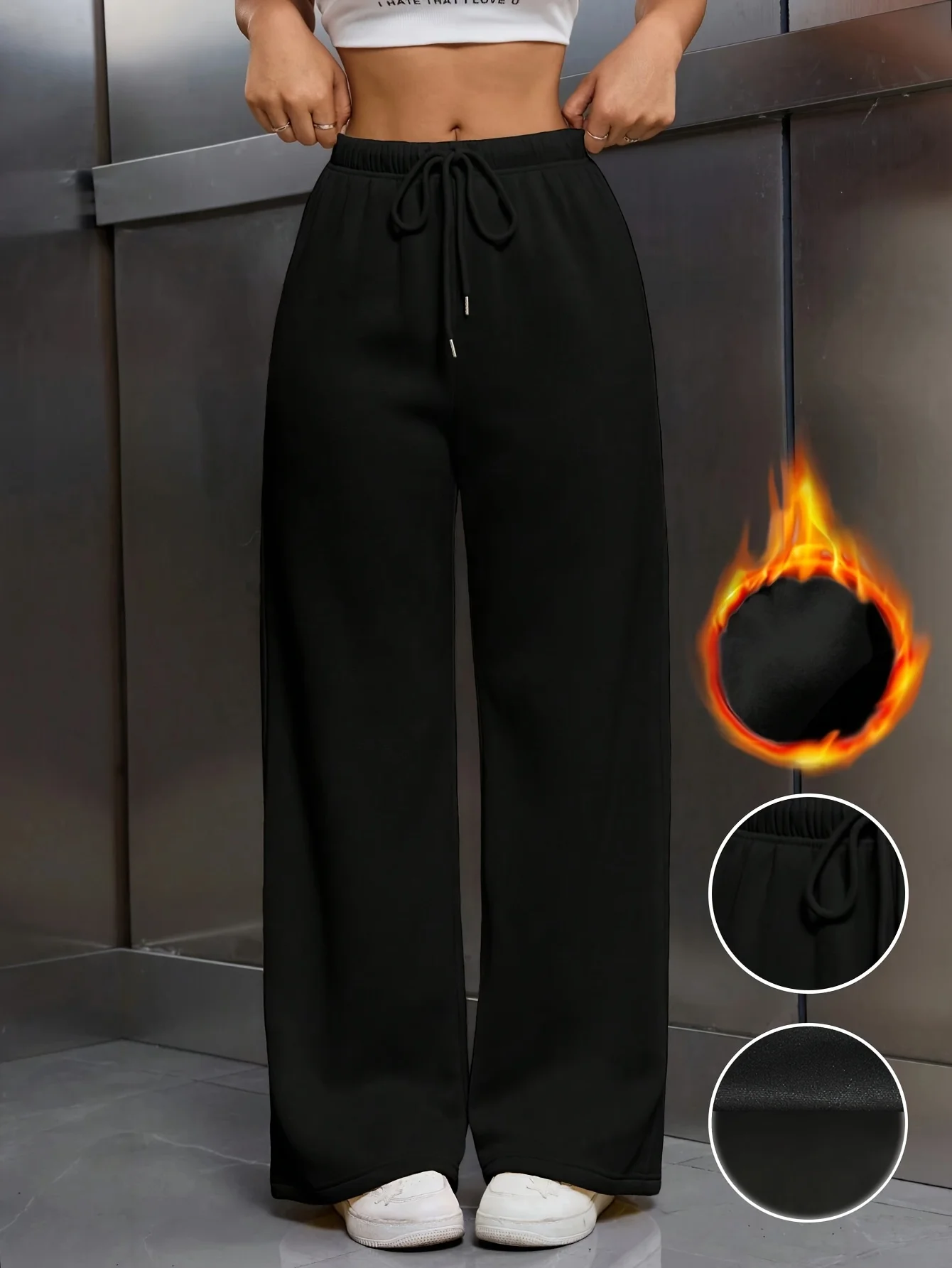 Women's solid color elastic waist drawstring loose-fitting trousers, soft and comfortable, suitable for all seasons.