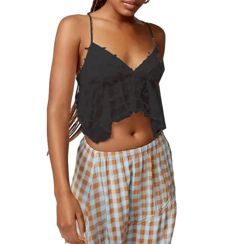 Y2k Women Fashion Lace Camisoles V-Neck Sleeveless Tie-Up Backless Tank Tops Summer Vests Crop Tops Streetwear 2024 New YDL34