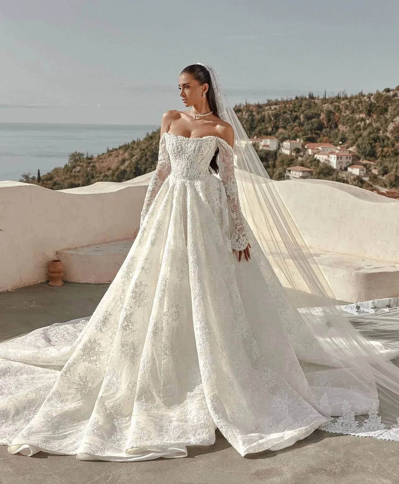 Abito da sposa in pizzo manica lunga Estilo Princesa Elegantes Bianco su misura Vestido Abiti Da Sposa Noiva De Novia 2025 Personalizza