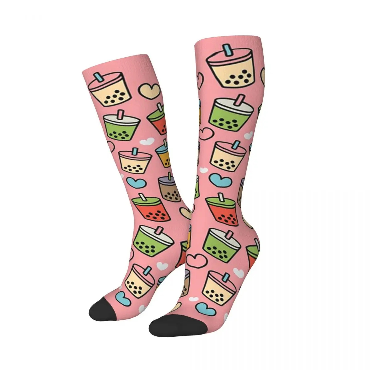 Cute Bubble Tea Flavors And Hearts Pattern Socks Super Soft Stockings All Season Long Socks for Man's Woman's Christmas Gifts