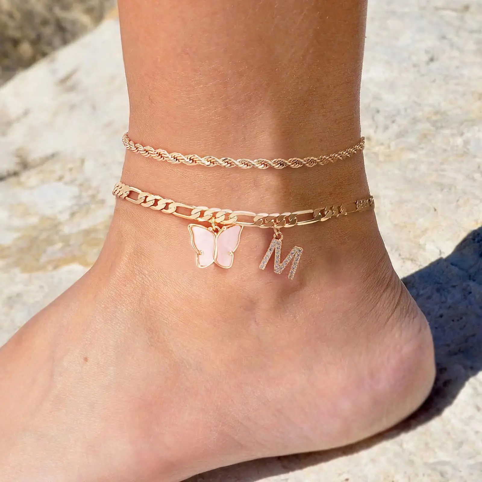 2Pcs Stainless Steel Initial Anklet Set For Women 26 Letter Acrylic Butterfly Charm Chain On Foot Summer Ankle Bracelet Jewelry