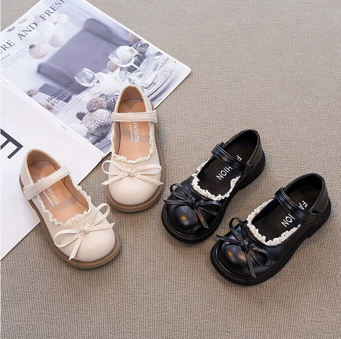 

Princess Leather Shoes for Girls, with Butterfly Knot, Lace Plates, Mary Jane, Fashionable Performance Shoes for Kids, Size 23-3