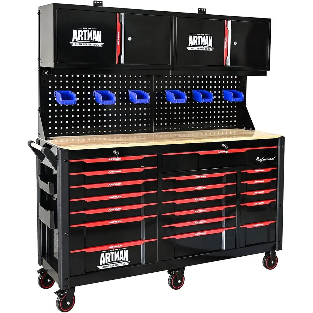 

Large Mobile Workbench with Heavy Duty Wood Top and Storage Cabinets for Mechanic, Garage, Workshop, and Warehouse Use