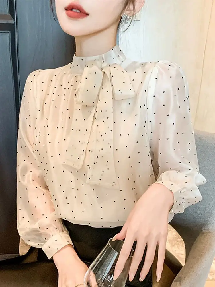 Polka Dot Long Sleeved Chiffon Shirt for Women\'s Clothing New Western-style and Age Reducing Bow Bow Ribbon Style Top