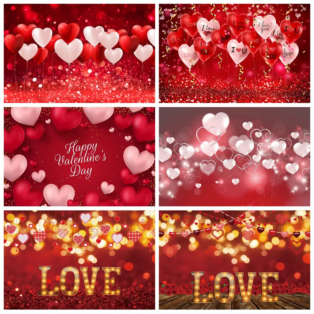 

Happy Valentine's Day Photography Backdrop Red Rose Love Heart Balloon Glitter Lights Flower Background Decor Photo Studio Prop