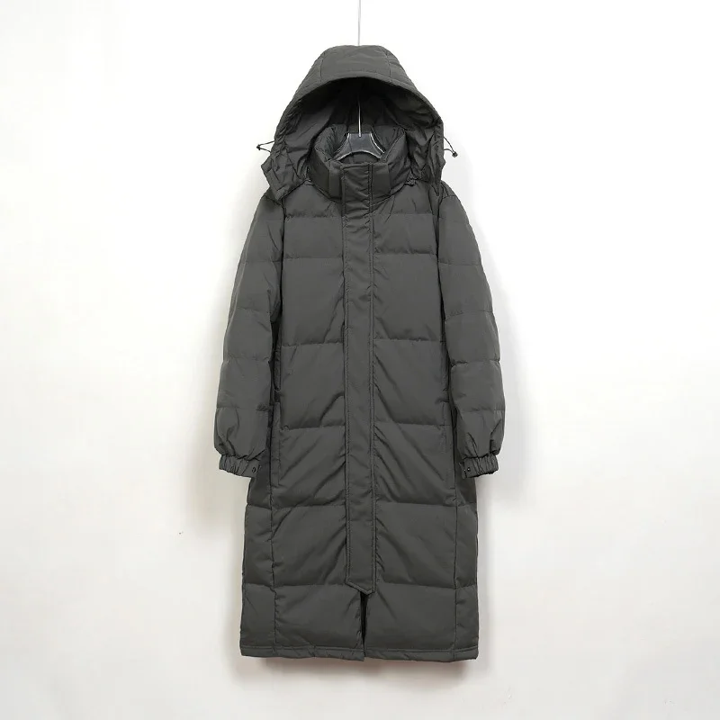Schinteon 탈착식 후드가 달린 화이트 덕 다운 롱 재킷, 따뜻한 두꺼운 캐주얼 루즈 아웃웨어, 2024 유니섹스 코트, 가을 겨울 신상