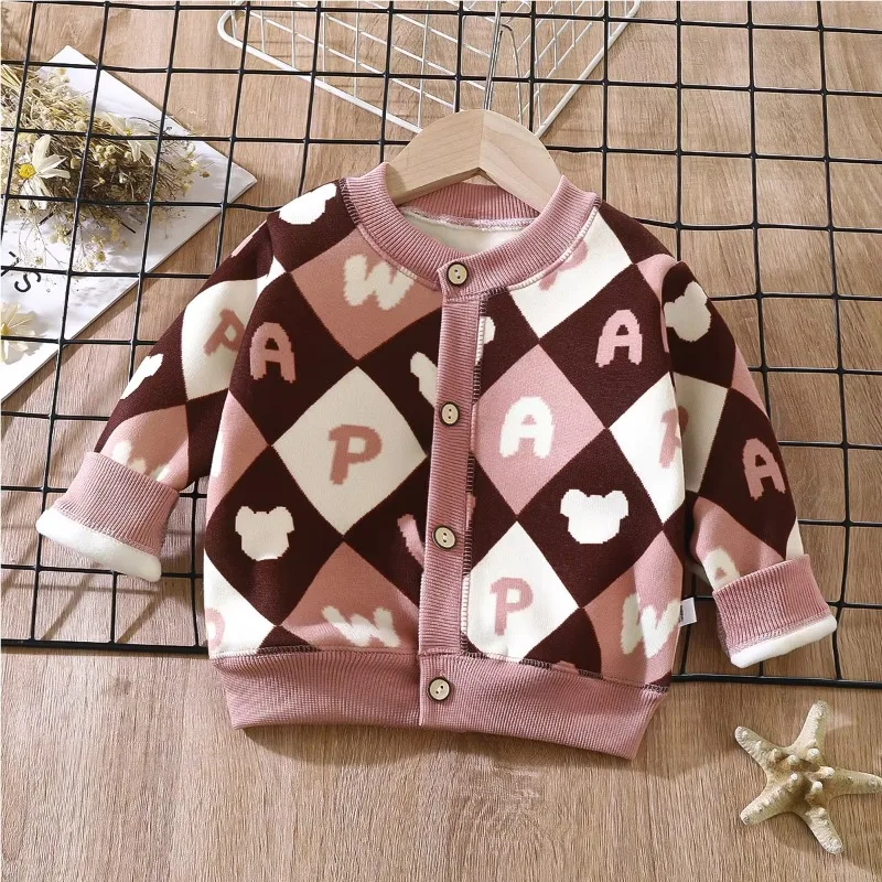 New Kids Printed Knitted Sweater Boys Girls Warm Knitted Jacket Thicker Buttoned Sweater for Toddlers Children’s Fleece Jacket.