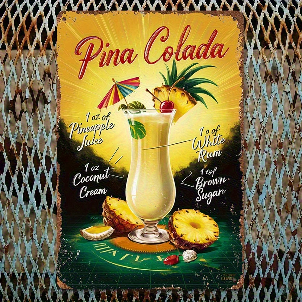 Vintage Bina Kolada Roostertail Recipe Tin Sign, Pineapple and Tropical Drink Ingredients, Perfect for Kitchen, Bar, Bathroom,